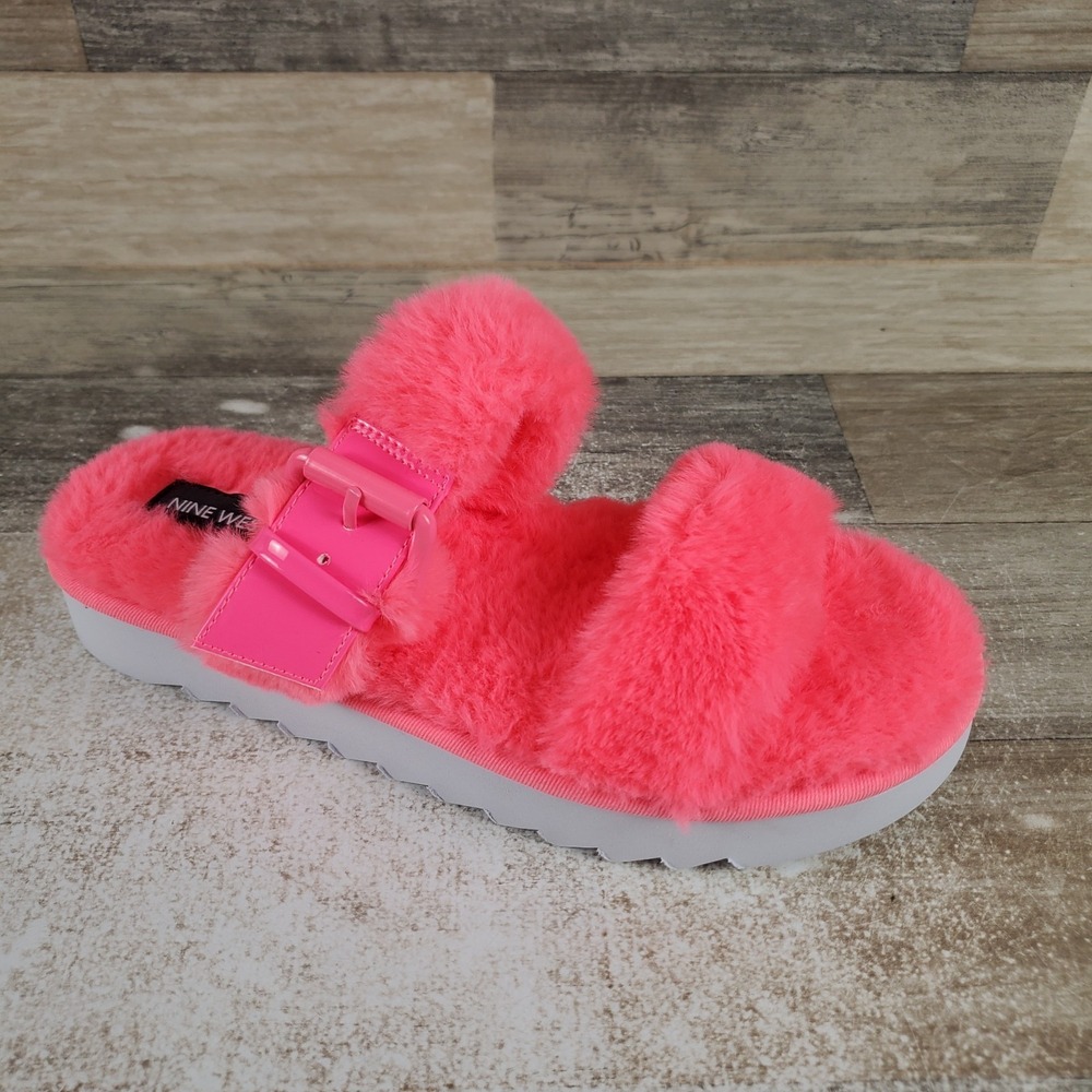 Nine West Funkie 2 Womens Flat Sandals Sz 6 M Hot Pink Slip On Open & Round Toe